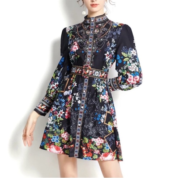 Dalia Macphee | Dresses | Nwot Dalia Macphee Floral Long Sleeve Mini ...